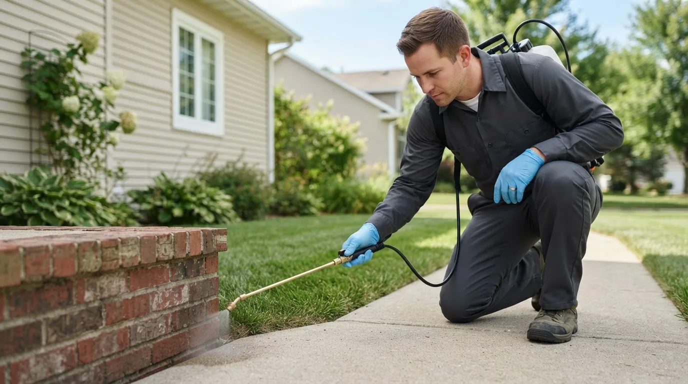 Pest control technician treating a home near Chatfield, OH