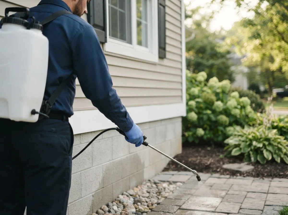 Pest control technician inspecting a home in Chatfield, OH